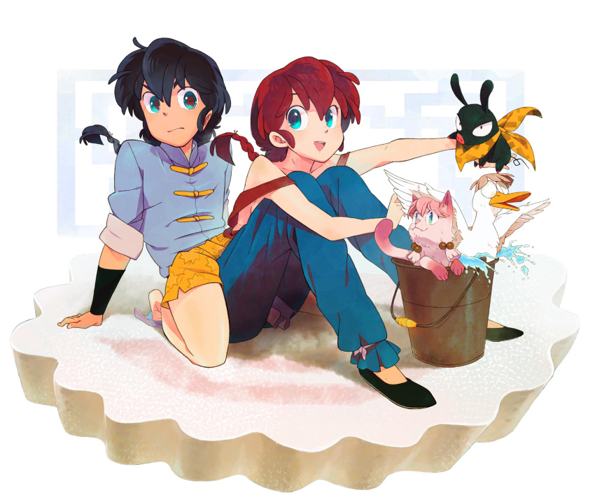 1boy 1girl apple-boy bare_legs bird blue_eyes braid bucket cat censored chinese_clothes convenient_censoring dual_persona duck genderswap hibiki_ryouga highres mousse neck off_shoulder p-chan pig ranma-chan ranma_1/2 redhead saotome_ranma shampoo_(ranma_1/2) short_hair shorts single_braid sitting topless