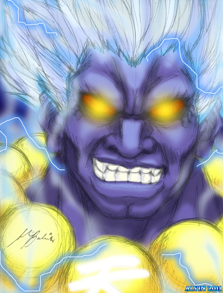 1boy absurdres alvin_balce beads electricity face glowing glowing_eyes highres kuruoshiki_oni prayer_beads purple_skin red_sclera solo spiky_hair street_fighter street_fighter_iv white_hair yellow_eyes