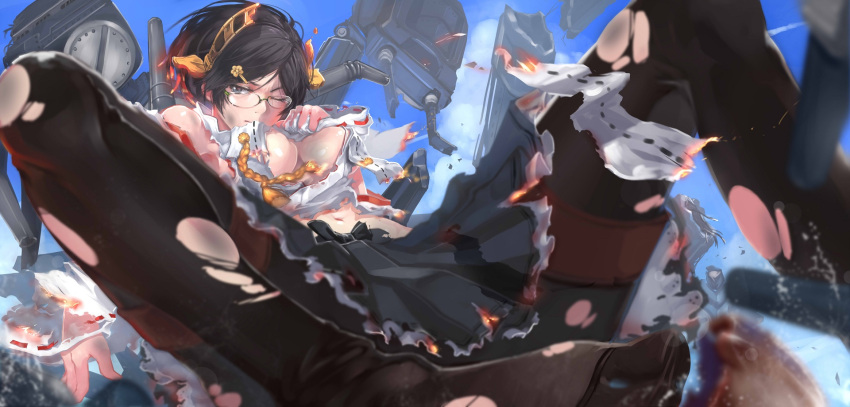 1girl bare_shoulders black_eyes black_hair blue_sky blush breasts burnt_clothes cannon clouds damaged detached_sleeves glasses hairband highres japanese_clothes kantai_collection kirishima_(kantai_collection) nontraditional_miko pantyhose personification short_hair skirt sky sola7764 solo torn_clothes torn_pantyhose turret