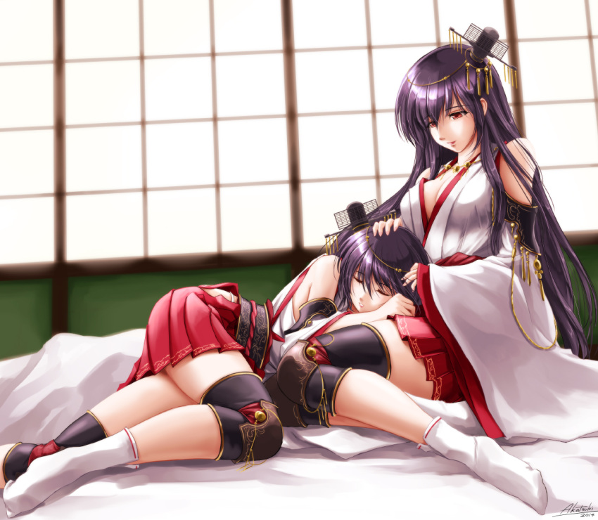 2girls akatsuki_matsumoto black_hair breasts detached_sleeves fusou_(kantai_collection) hair_ornament japanese_clothes kantai_collection long_hair lying multiple_girls personification red_eyes sleeping yamashiro_(kantai_collection)