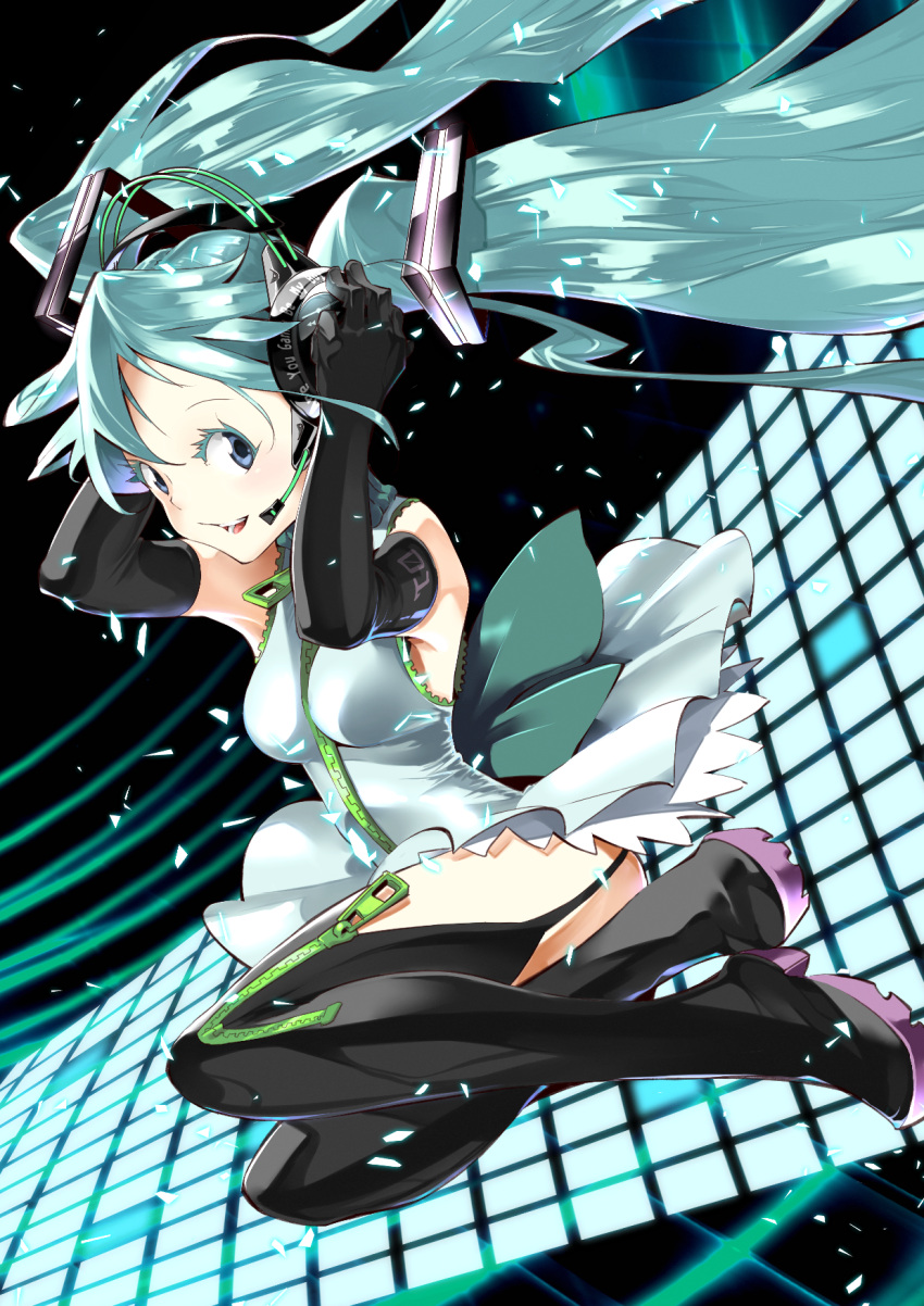 1girl aqua_hair blue_eyes boots elbow_gloves floating_hair gloves hand_on_headphones hatsune_miku headphones headphones_removed headset highres long_hair open_mouth pikushibuaidhy solo thigh_boots thighhighs twintails vocaloid