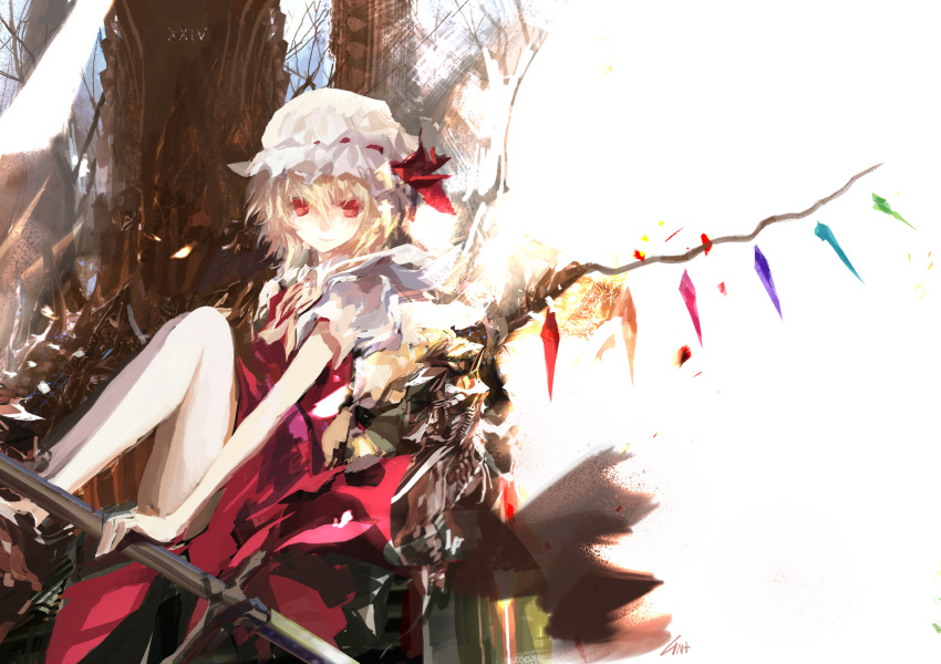 1girl architecture ascot bare_legs blonde_hair dated flandre_scarlet hat hat_ribbon highres holding knees_touching light_smile lin+ looking_at_viewer puffy_sleeves red_eyes revision ribbon roman_numerals short_hair short_sleeves signature sitting skirt skirt_set solo touhou wings