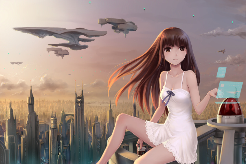 1girl bare_shoulders breasts brown_eyes brown_hair building chemise city cityscape cleavage clouds collarbone dress dusk long_hair original realistic revision ribbon science_fiction sitting sky skyscraper smile space_craft youbou
