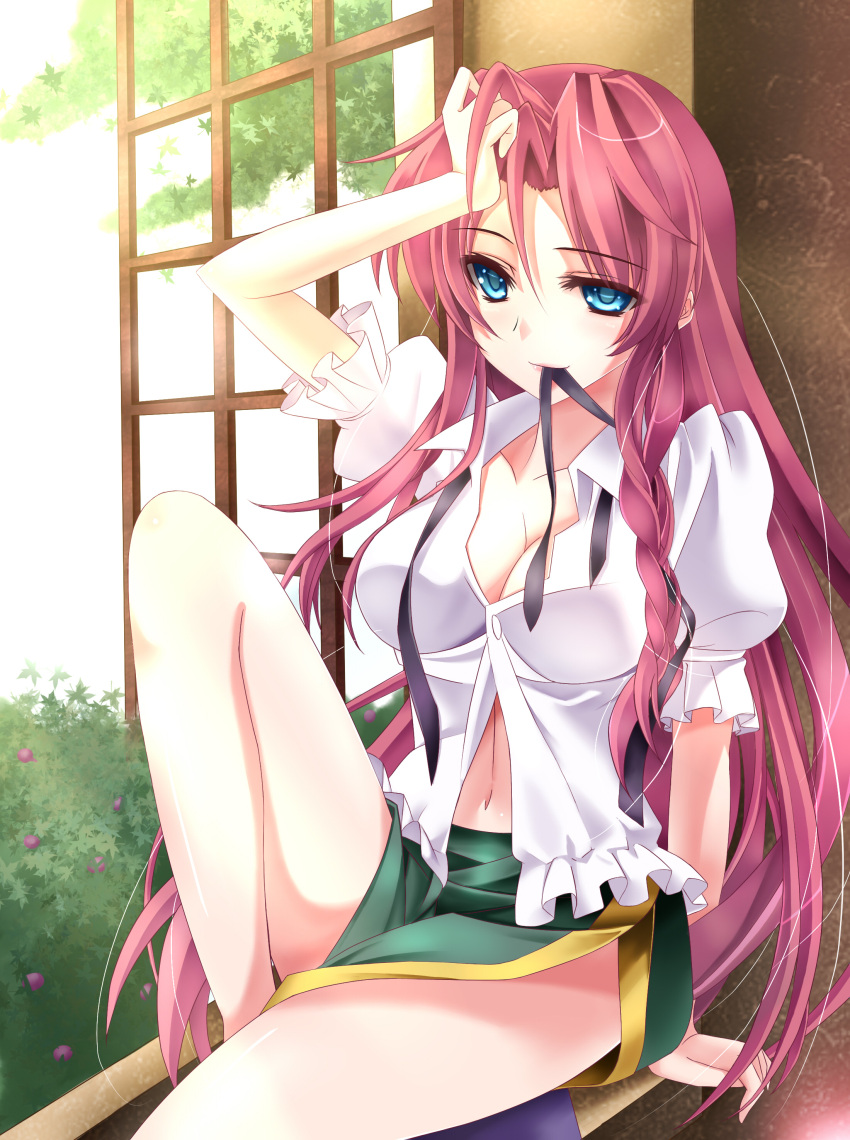 1girl absurdres arm_support blush breasts cleavage highres hong_meiling mouth_hold navel open_clothes open_shirt pink_hair ribbon shiny shiny_skin sitting touhou window youxuemingdie