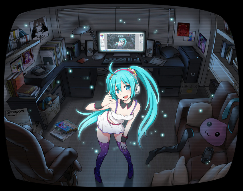 1girl \m/ annie_hastur aqua_eyes aqua_hair bookshelf box computer_keyboard computer_mouse computer_tower couch desk hatsune_miku headphones highres league_of_legends leaning_forward long_hair mikudayoo monitor nintendo_3ds open_mouth patchouli_knowledge pillow playstation_3 playstation_vita polka_dot polka_dot_legwear poring ragnarok_online re:dial_(vocaloid) recliner recursion revision room smile solo speaker table tablet thighhighs touhou vocaloid wii_u zaxwu