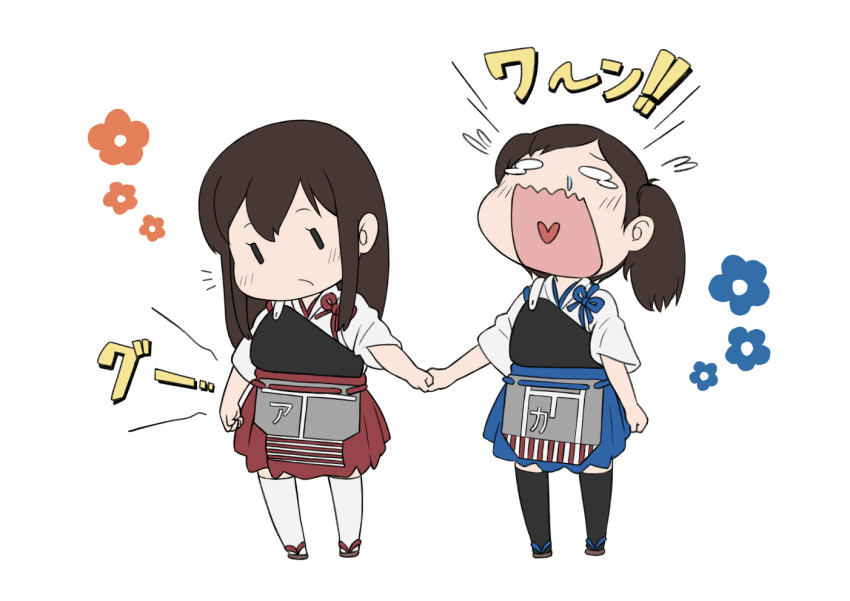 2girls akagi_(kantai_collection) armor brown_hair chibi crying dri_(drinker-dor) flower holding_hands japanese_clothes kaga_(kantai_collection) kantai_collection multiple_girls muneate personification ponytail sandals side_ponytail thighhighs wavy_mouth