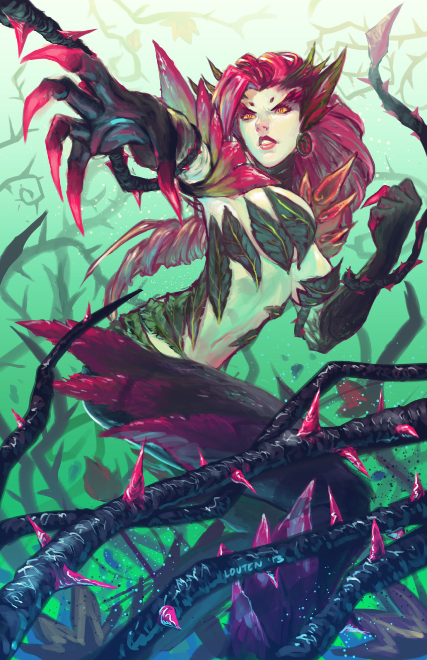 1girl breasts highres huge_breasts large_breasts league_of_legends long_hair louten monster_girl redhead thorns vines yellow_eyes zyra