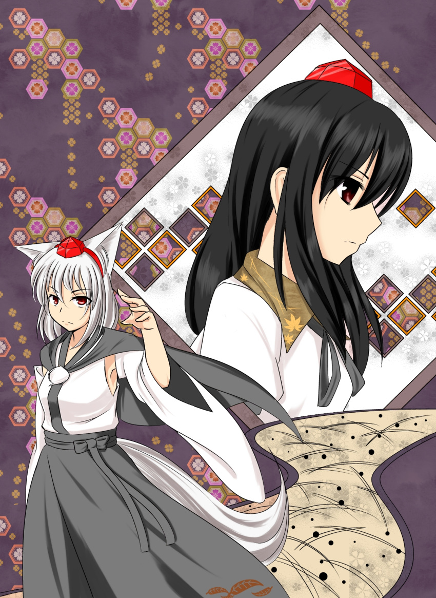 2girls adapted_costume alternate_hair_length alternate_hairstyle animal_ears arm_up armpits black_hair blouse bust cape detached_sleeves floral_background frown hakama_skirt hat highres honeycomb_background inubashiri_momiji long_hair looking_at_viewer looking_down multiple_girls nuemamoru_eion path payot profile purple_background red_eyes road shameimaru_aya short_hair tail tokin_hat touhou white_hair wolf_ears wolf_tail