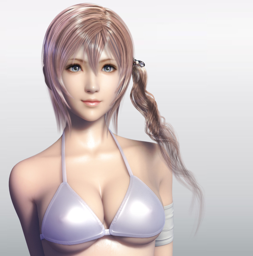 1girl 3d armband bikini_top blue_eyes breasts cleavage final_fantasy final_fantasy_xiii highres large_breasts pink_hair revision serah_farron shiny shiny_skin side_ponytail sideboob solo strap_gap swimsuit underboob znz