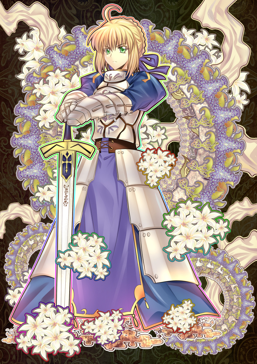 1girl absurdres ahoge armor armored_dress blonde_hair dress excalibur fate/stay_night fate_(series) faulds flower gauntlets green_eyes hair_ribbon halodark highres outline planted_sword planted_weapon ribbon saber solo sword weapon