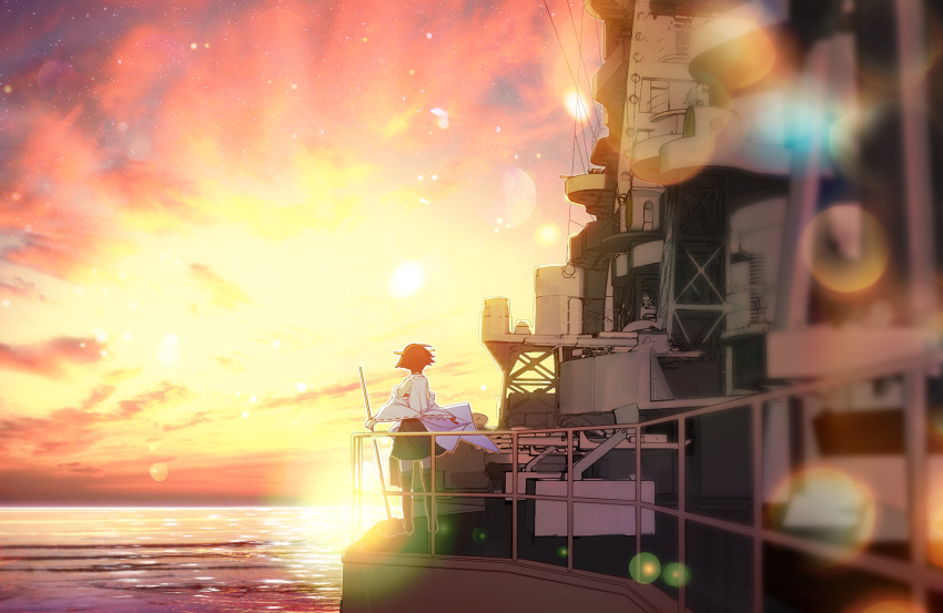 1girl battleship brown_hair detached_sleeves elska0813 hairband hiei_(kantai_collection) highres japanese_clothes kantai_collection lens_flare machinery nontraditional_miko ocean personification short_hair solo sunset thighhighs wide_sleeves