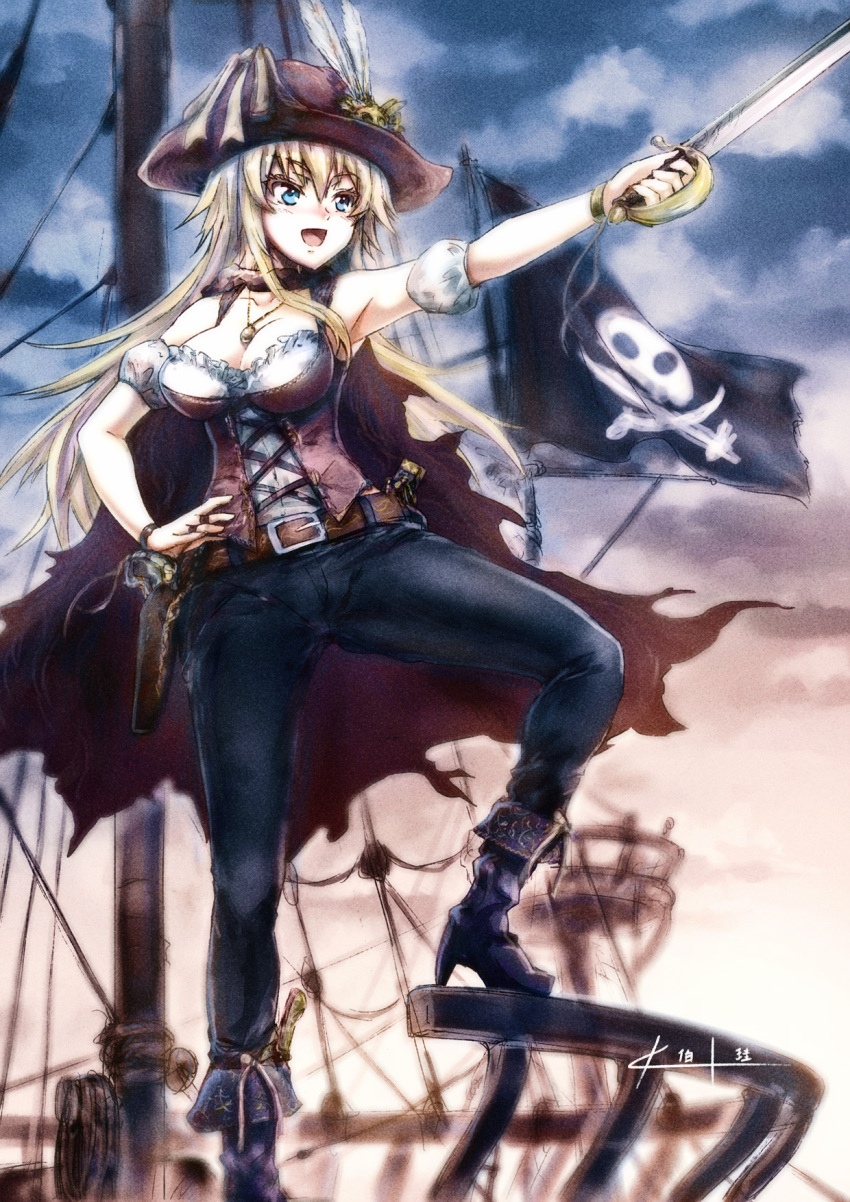 1girl armpits blonde_hair blue_eyes breasts cleavage feathers flag gun hat highres holster jewelry jolly_roger knife kouson33 large_breasts original pants pirate pirate_flag pirate_hat pirate_ship pistol ring ship solo sword weapon