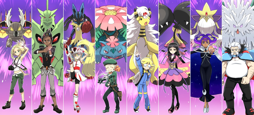 4boys 4girls abomasnow alakazam ampharos backpack bag beard bicycle_helmet bike_shorts black_hair blonde_hair camera citron_(pokemon) dark_skin facial_hair fingerless_gloves fukuji_(pokemon) furisode glasses gloves gojika_(pokemon) gym_leader hair_ornament helmet highres japanese_clothes kimono koruni_(pokemon) long_hair long_sleeves looking_at_viewer lucario mache_(pokemon) mawile mega_abomasnow mega_alakazam mega_ampharos mega_lucario mega_mawile mega_pinsir mega_tyranitar mega_venusaur multiple_boys multiple_girls open_mouth pinsir pokemon pokemon_(creature) pokemon_(game) pokemon_xy ponytail roller_skates scissors short_hair skates skin_tight skirt smile soumendaze two_side_up tyranitar urup_(pokemon) venusaur viola_(pokemon) white_hair zakuro_(pokemon)