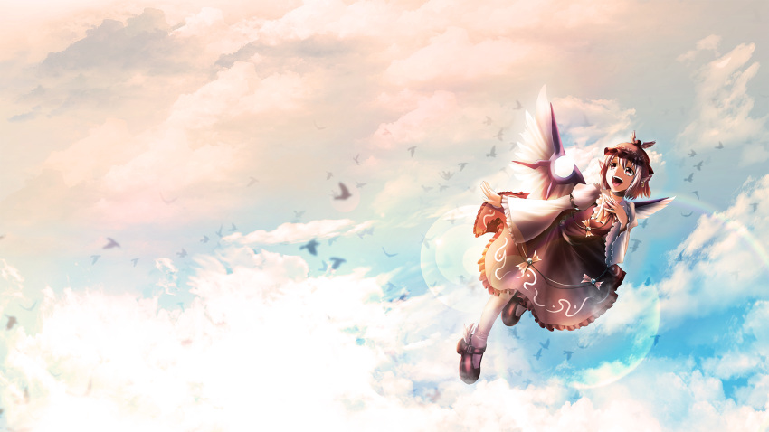1girl :d animal_ears bird brown_dress clouds cloudy_sky dress flying full_body haryudanto hat highres mary_janes mystia_lorelei open_mouth shoes short_hair singing sky smile sunlight touhou wallpaper white_legwear wide_sleeves winged_shoes wings