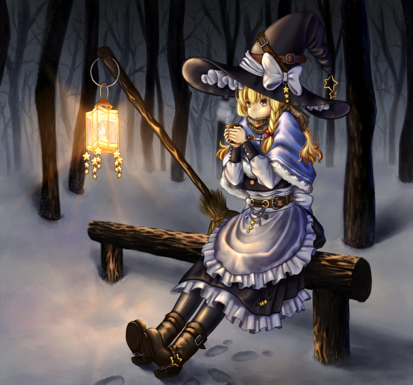 1girl apron belt bench blonde_hair boots bow braid broom capelet charm_(object) cup dtvisu facing_away footprints forest fur_trim hair_bow hat hat_ribbon highres key kirisame_marisa lamp log long_hair long_sleeves nature night outdoors pantyhose ribbon scarf single_braid sitting skirt skirt_set snow solo star steam touhou waist_apron winter witch_hat yellow_eyes