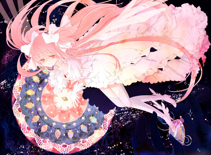 1girl amber_eyes boots cleavage_cutout dress flat_chest floating floating_object flower gem goddess_madoka hair_ribbon hanada_hyou hand_on_own_chest kaname_madoka long_hair mahou_shoujo_madoka_magica pink_hair ribbon rose smile soul_gem space spoilers thigh_boots thighhighs twintails very_long_hair winged_shoes