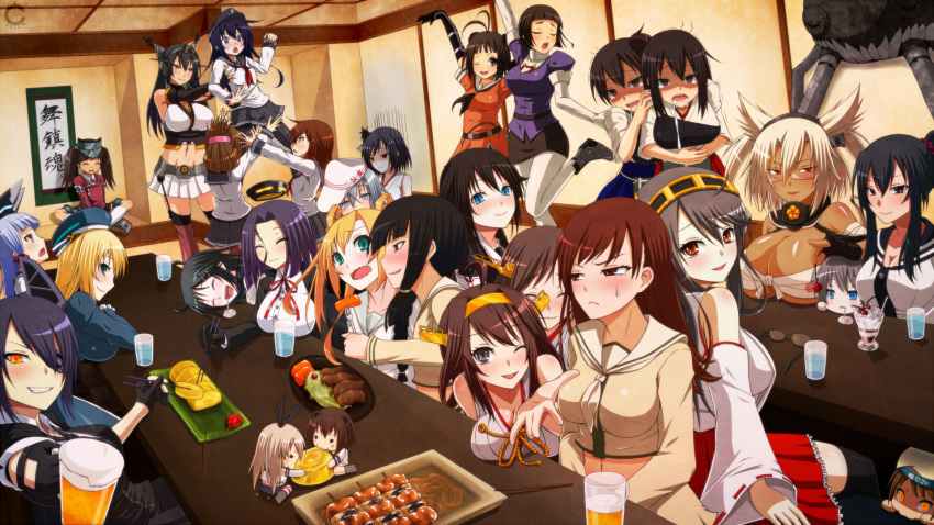 6+girls :&lt; :3 abukuma_(kantai_collection) ahoge akagi_(kantai_collection) akatsuki_(kantai_collection) alcohol animal_ears antenna_hair aqua_eyes armor atago_(kantai_collection) beer black_eyes black_hair blonde_hair blue_eyes blue_hair blush_stickers braid breasts brown_eyes brown_hair cherry chibi chopsticks cilica cleavage closed_eyes cup depressed detached_sleeves drooling elbow_gloves empty_eyes error_musume fingerless_gloves food fork fruit glasses gloves hair_ornament hairband hairclip half_updo haruna_(kantai_collection) hat headgear hibiki_(kantai_collection) hiei_(kantai_collection) highres holding_stomach ice_cream ikazuchi_(kantai_collection) inazuma_(kantai_collection) japanese_clothes kaga_(kantai_collection) kako_(kantai_collection) kantai_collection kitakami_(kantai_collection) kongou_(kantai_collection) large_breasts looking_at_viewer mechanical_halo midriff monster mouse_ears multiple_girls muneate murakumo_(kantai_collection) musashi_(kantai_collection) myoukou_(kantai_collection) nagato_(kantai_collection) naka_(kantai_collection) navel nontraditional_miko omelet ooi_(kantai_collection) orange_eyes personification ponytail purple_hair red_eyes ribbon ryuujou_(kantai_collection) sarashi shigure_(kantai_collection) shimakaze_(kantai_collection) shinkaisei-kan siblings side_ponytail silver_hair sisters sitting smile socks striped striped_legwear sweatdrop tamagoyaki tatsuta_(kantai_collection) tears tenryuu_(kantai_collection) trembling twintails verniy_(kantai_collection) violet_eyes visor_cap wavy_mouth wide_sleeves wink wo-class_aircraft_carrier yahagi_(kantai_collection) yamashiro_(kantai_collection) yellow_eyes yukikaze_(kantai_collection)