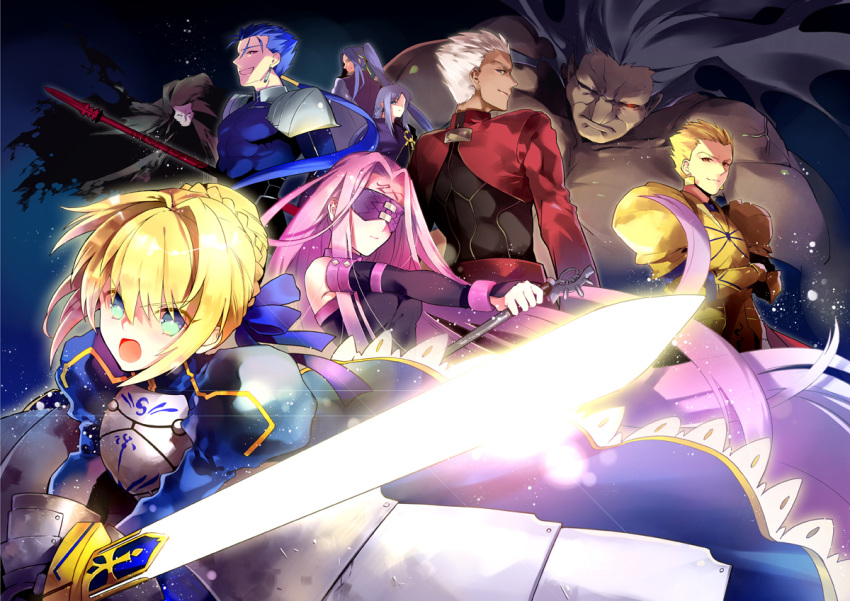 3girls 6+boys archer armor assassin_(fate/stay_night) berserker blonde_hair blue_hair caster excalibur fate/stay_night fate_(series) gae_bolg gilgamesh glowing glowing_sword glowing_weapon lancer momoayamo multiple_boys multiple_girls polearm purple_hair rider saber spear true_assassin weapon white_hair