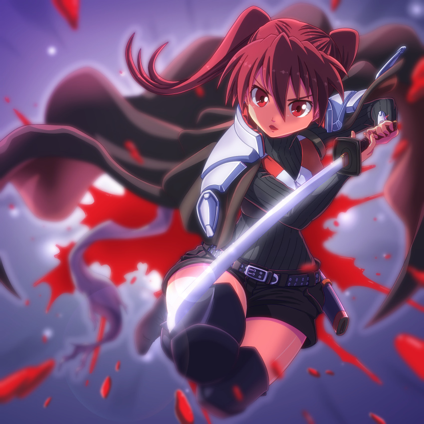 1girl highres long_hair original red_eyes redhead solo sword tennouji_masamichi thighhighs twintails weapon