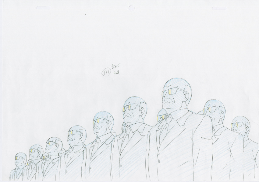 bald clone commentary facial_hair highres key_frame kill_la_kill mustache necktie official_art partially_colored production_art production_note promotional_art signature simple_background sketch suits sunglasses trigger_(company) white_background
