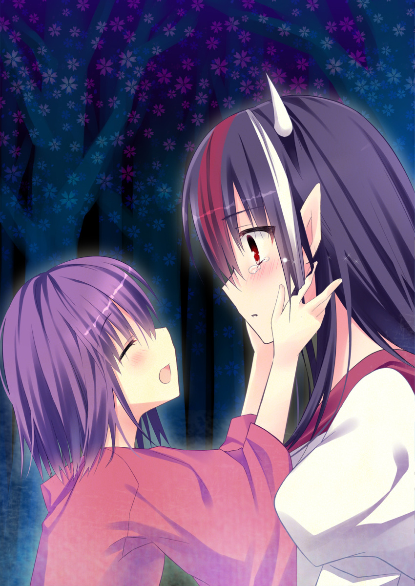 2girls black_hair comforting floral_background hands_on_another's_face highres hisame_(nekousatan) horns japanese_clothes kijin_seija kimono lavender_hair long_hair multicolored_hair multiple_girls open_mouth red_eyes short_hair smile sukuna_shinmyoumaru tears touhou