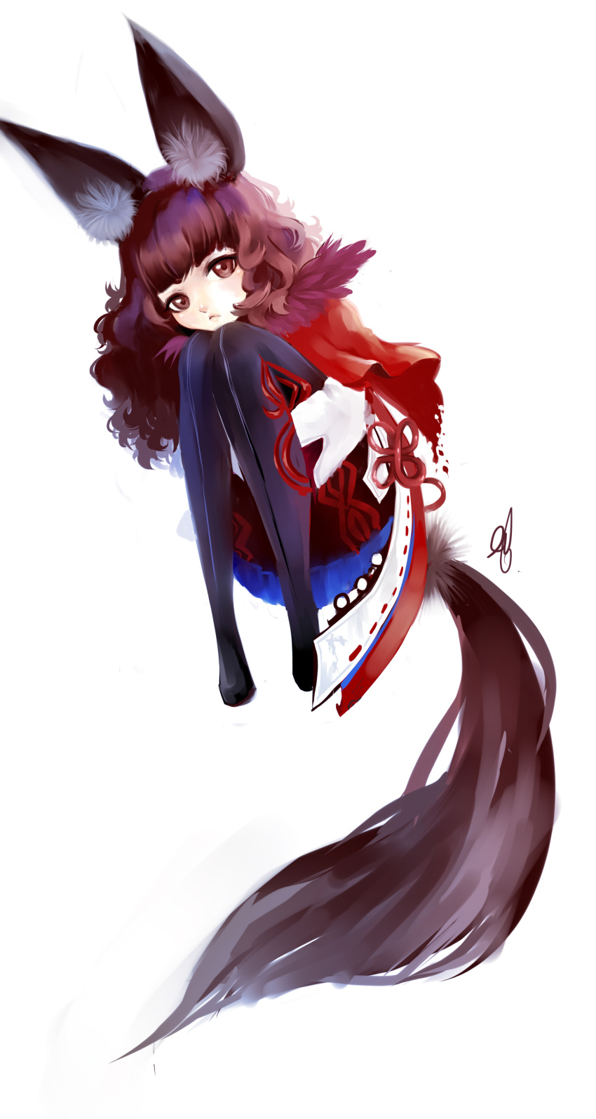 absurdres animal_ears blade_&amp;_soul brown_eyes brown_hair dog_ears dress fetal_position highres long_hair long_tail pantyhose tail