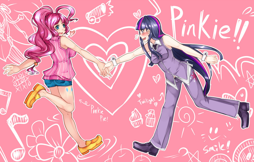 2girls aoshima bare_shoulders blue_eyes blush_stickers breasts highres long_hair multicolored_hair multiple_girls my_little_pony my_little_pony_friendship_is_magic open_mouth pants personification pink_hair pinkie_pie smile twilight_sparkle violet_eyes yuri