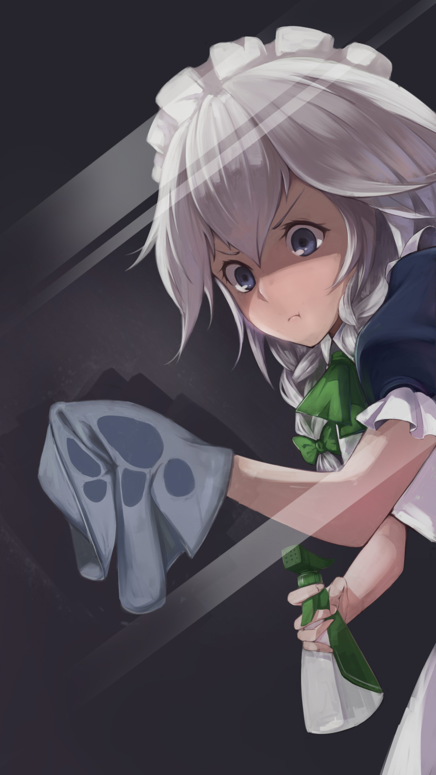 1girl absurdres against_glass blue_dress blue_eyes braid cleaning dress fourth_wall highres izayoi_sakuya layla891228 maid maid_headdress puffy_sleeves reflection shaded_face short_sleeves silver_hair solo touhou twin_braids