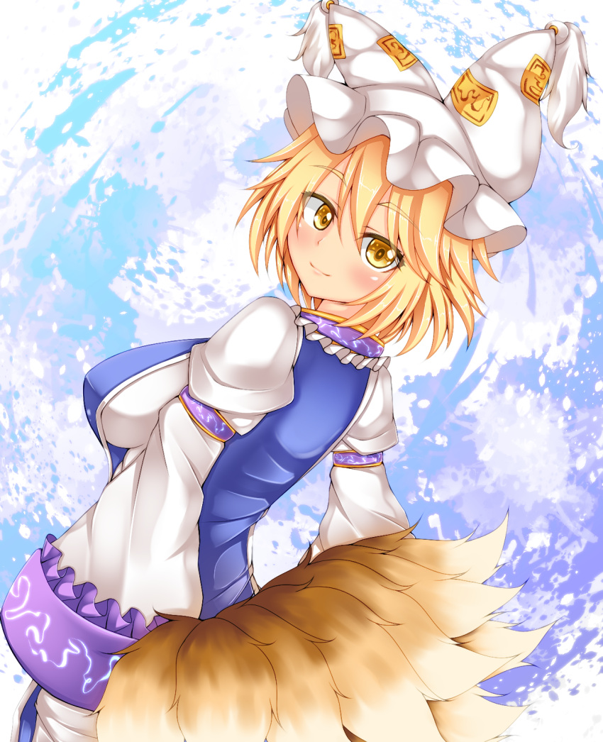 1girl blonde_hair breasts dress fox_tail hat hat_with_ears highres kuroleo large_breasts long_sleeves looking_at_viewer looking_back multiple_tails smile solo tabard tail touhou white_dress wide_sleeves yakumo_ran yellow_eyes