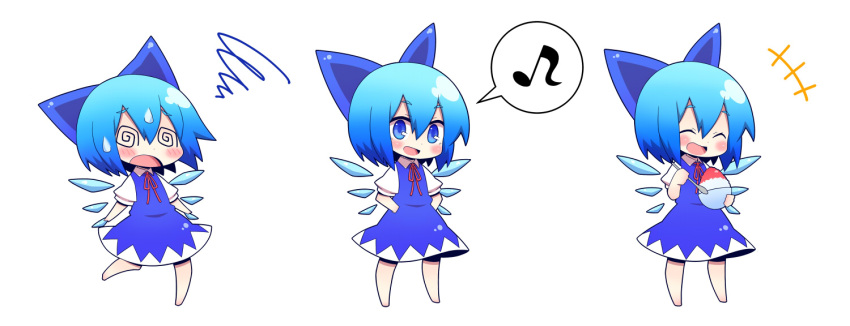 1girl @_@ blue_eyes blue_hair cirno eating hair_ribbon hands_on_hips looking_at_viewer musical_note ribbon shaved_ice short_hair solo spoken_musical_note squiggle sweatdrop taiga_mahoukan touhou wings