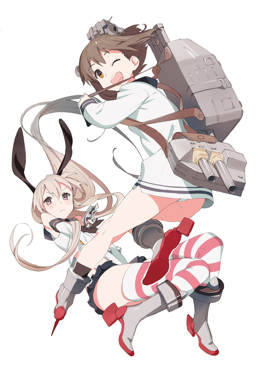 2girls annoyed bare_shoulders blonde_hair brown_eyes brown_hair highres kantai_collection long_hair looking_at_viewer multiple_girls open_mouth shimakaze_(kantai_collection) shinjiro short_hair simple_background smile socks striped striped_legwear thighhighs white_background wink yukikaze_(kantai_collection)