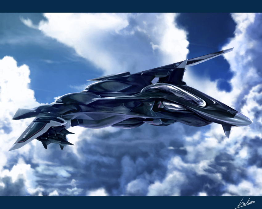 airplane clouds ffr-41mr fighter_jet jet kawanakajima letterboxed no_humans sentou_yousei_yukikaze signature sky