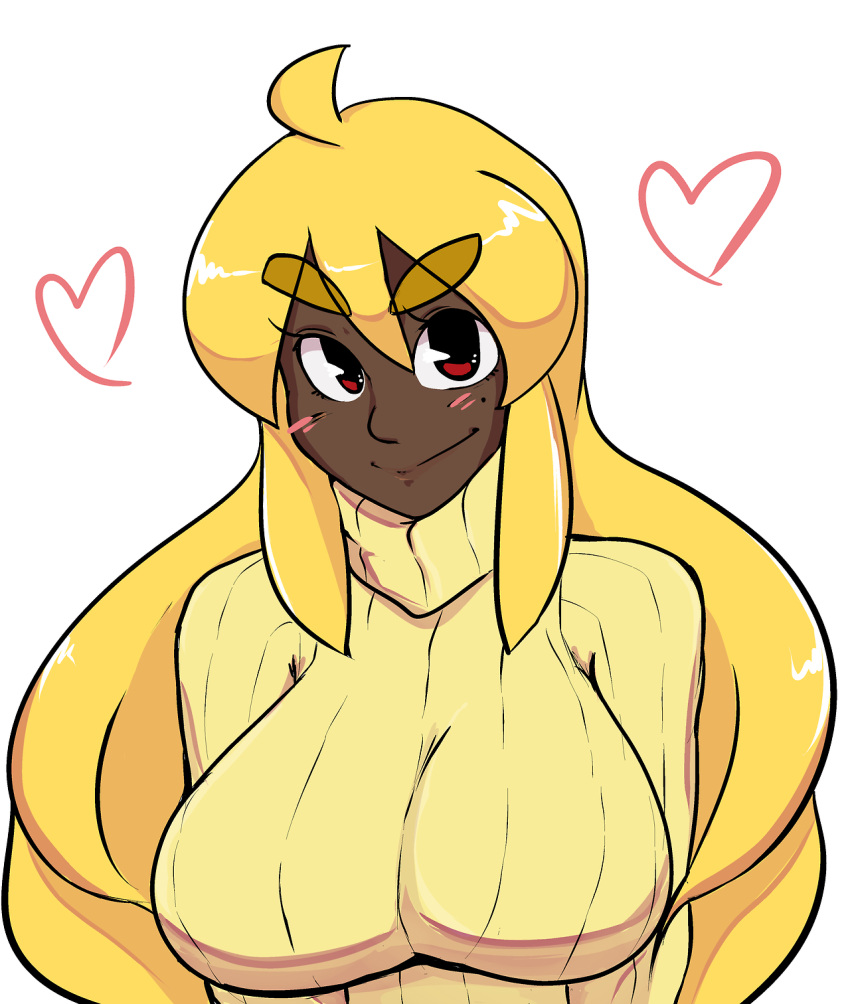 1girl ahoge blonde_hair blush breasts bust dark_skin eyebrows heart highres impossible_clothes impossible_sweater kirbila_(yellow_kirby) large_breasts long_hair orange_hair original payot red_eyes ribbed_sweater smile solo sweater thick_eyebrows turtleneck white_background yellow_kirby