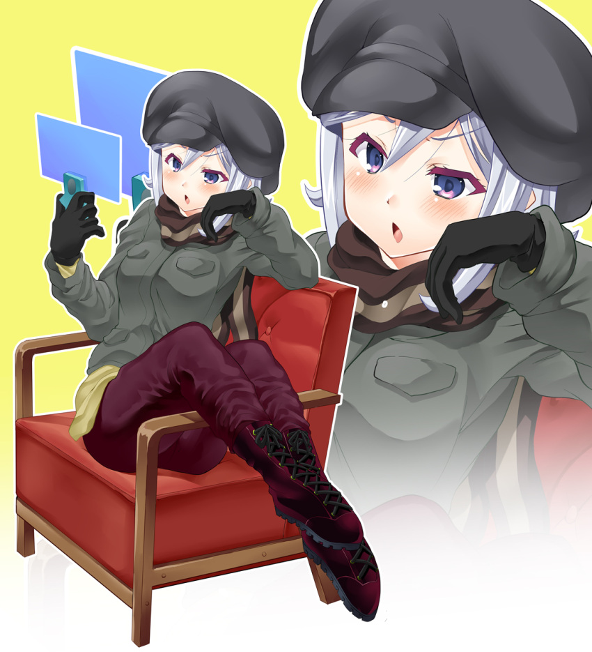 1girl :o aila_jyrkiainen blush boots breasts chair coat ekakibito floating_screen gloves gundam gundam_build_fighters hat highres long_hair long_sleeves scarf silver_hair simple_background sitting sitting_sideways solo violet_eyes yellow_background zoom_layer