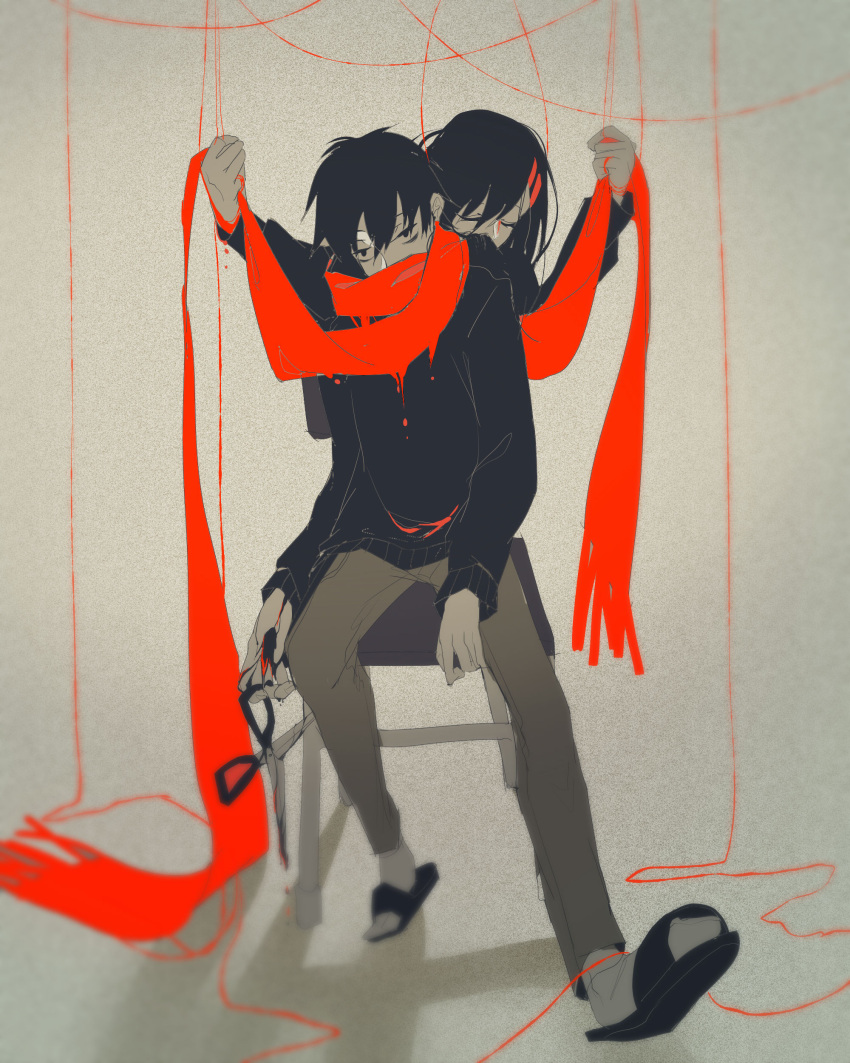 1boy 1girl absurdres blood chair closed_eyes hair_ornament hairclip highres kagerou_project kisaragi_shintarou loss_time_memory_(vocaloid) red_string scarf scissors string syeoseul tateyama_ayano tears