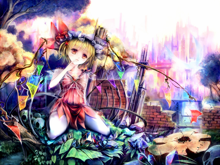1girl adapted_costume bird blonde_hair building city collarbone dress finger_to_mouth flandre_scarlet hat looking_at_viewer red_dress red_eyes sitting skull skyscraper sleeveless sleeveless_dress solo tenhenoboru touhou tree tree_stump wall wariza wings