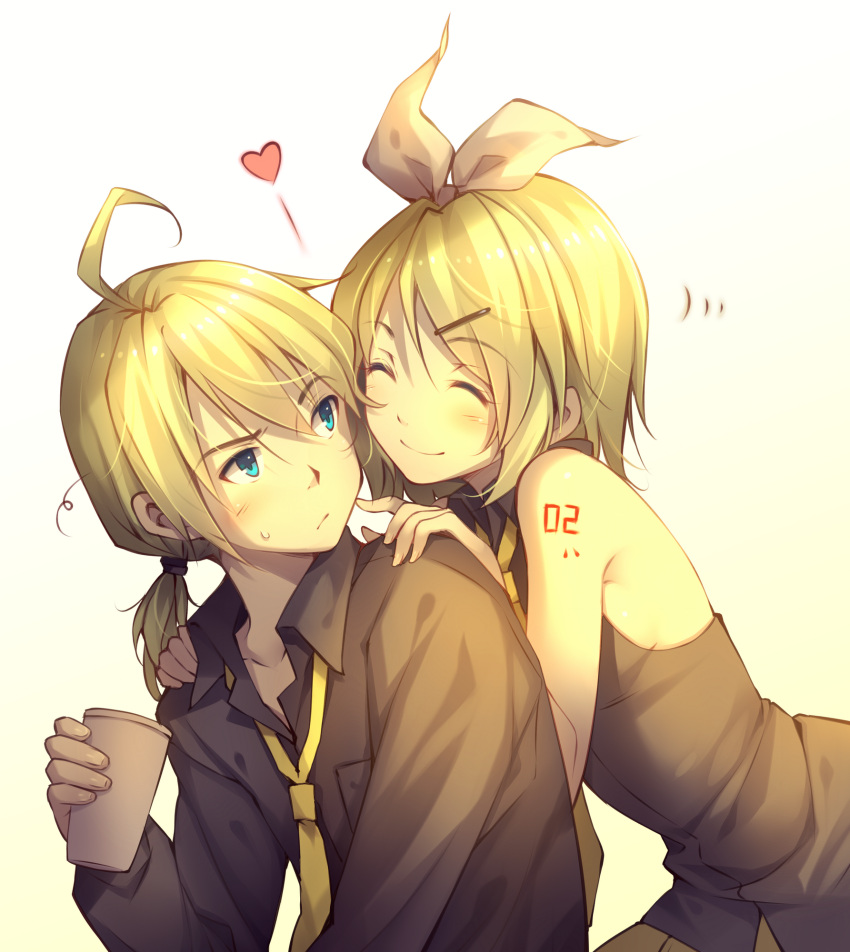 1boy 1girl ahoge bare_arms bare_shoulders blonde_hair blue_eyes brother_and_sister closed_eyes drinking_cup hair_ornament hair_ribbon hairclip heart highres kagamine_len kagamine_rin looking_back pigtail poking ribbon shirt siblings simple_background smile tattoo tidsean vocaloid white_background