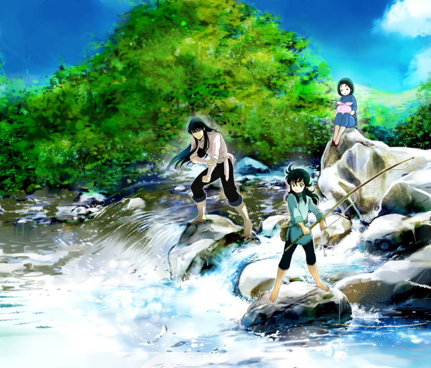 1girl 2boys black_hair braid chinese_clothes dragon_ryuuhou dragon_shiryuu father_and_son fishing_rod isi88 long_hair mother_and_son multiple_boys rock saint_seiya saint_seiya_omega shunrei tree water