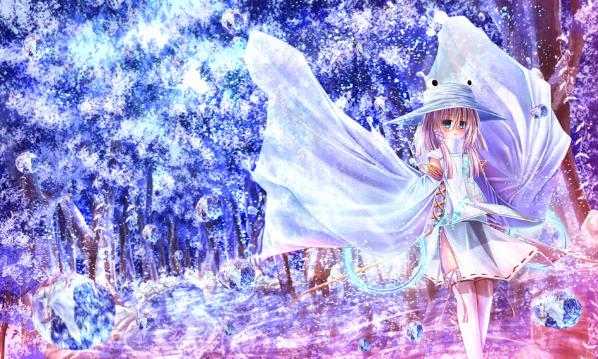 1girl alternate_costume alternate_hair_color blue_eyes detached_sleeves forest hair_ribbon hat high_collar japanese_clothes kakigouri kariginu lavender_hair long_hair looking_at_viewer moriya_suwako nature parted_lips payot ribbon solo thighhighs touhou water_droplets white_legwear