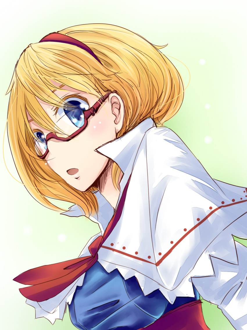 1girl alice_margatroid ascot bespectacled blonde_hair blue_eyes capelet glasses gradient gradient_background hairband highres kuriimu open_mouth red-framed_glasses short_hair solo touhou