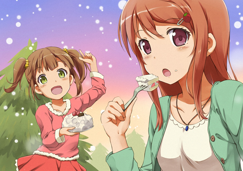 2girls :d :o blush brown_hair cake eating food food_on_face food_themed_ornament fruit green_eyes hair_ornament hairclip jewelry kotobamaru multiple_girls necklace open_mouth original smile snowing star_hair_ornament strawberry tree twintails violet_eyes