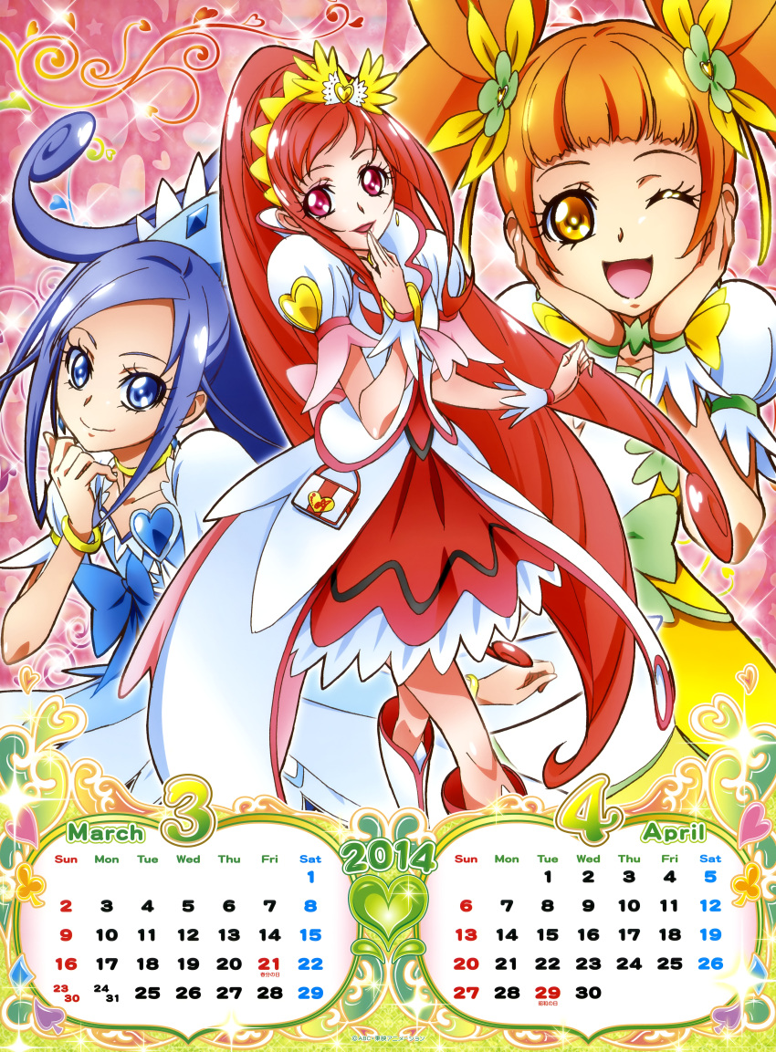 2014 3girls ;d absurdres april artist_request blue_eyes blue_hair boots bow brown_eyes brown_hair calendar choker coat cure_ace cure_diamond cure_rosetta curly_hair dokidoki!_precure double_bun hair_bow hands_on_own_cheeks hands_on_own_face highres hishikawa_rikka knee_boots long_hair madoka_aguri magical_girl march multiple_girls official_art open_mouth ponytail precure puffy_sleeves red_eyes redhead ribbon skirt smile twintails wink wrist_cuffs yotsuba_alice