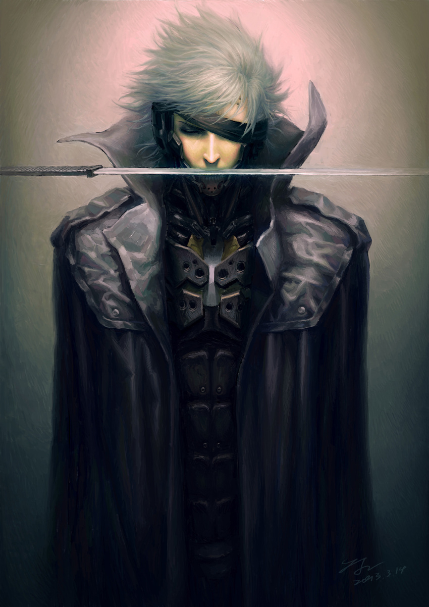 1boy bandage_over_one_eye cyborg dated highres metal_gear_rising:_revengeance metal_gear_solid_4 mouth_hold raiden realistic signature solo sword trench_coat weapon white_hair zhoujialin