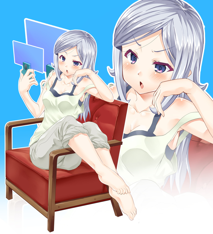 1girl :o aila_jyrkiainen bare_shoulders barefoot blue_background blush breasts chair cleavage ekakibito floating_screen gundam gundam_build_fighters highres long_hair pants_rolled_up silver_hair simple_background sitting sitting_sideways solo strap_slip tank_top violet_eyes zoom_layer