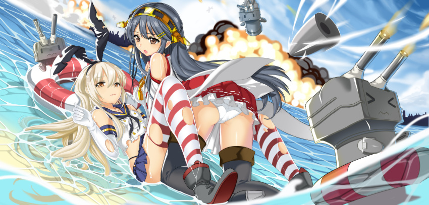 2girls absurdres bare_shoulders black_hair black_panties blonde_hair boots detached_sleeves elbow_gloves gloves hair_ornament hairband hairclip haruna_(kantai_collection) highres japanese_clothes kantai_collection kikimi long_hair multiple_girls open_mouth panties pantyshot personification rensouhou-chan shimakaze_(kantai_collection) socks striped striped_legwear thigh_boots thighhighs torn_clothes underwear white_panties