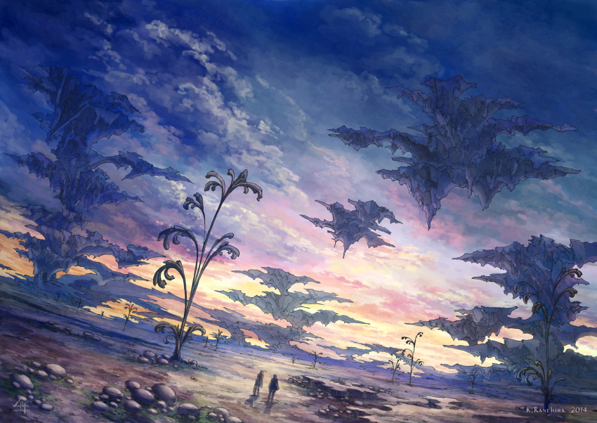 1boy 1girl artist_name clouds floating_island highres k_kanehira landscape original plant rock scenery sky
