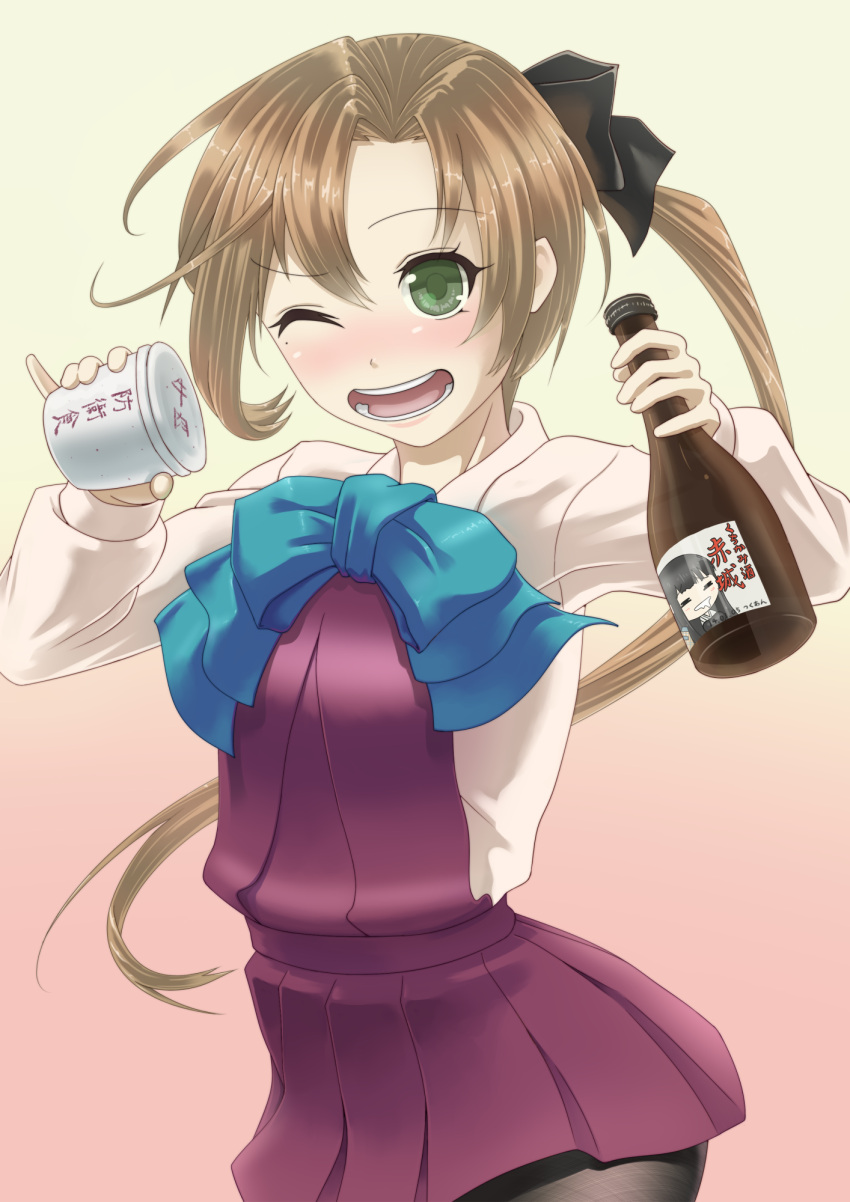 1girl akigumo_(kantai_collection) alcohol black_legwear bottle brown_hair can canned_food dress dress_shirt green_eyes hair_ornament highres kantai_collection long_hair open_mouth pantyhose personification ponytail ribbon sake sake_bottle shirt skirt smile solo tsukuan wink