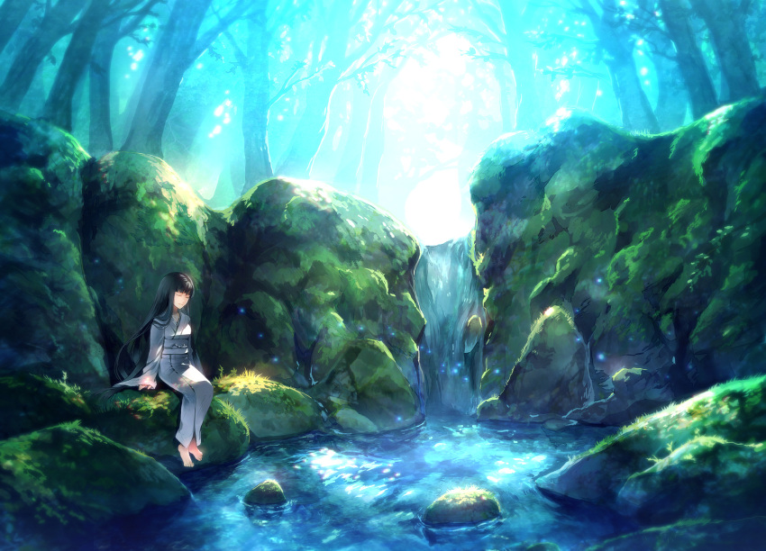 1girl atlach-nacha closed_eyes forest highres hirasaka_hatsune long_hair nature outdoors solo sunakumo water waterfall