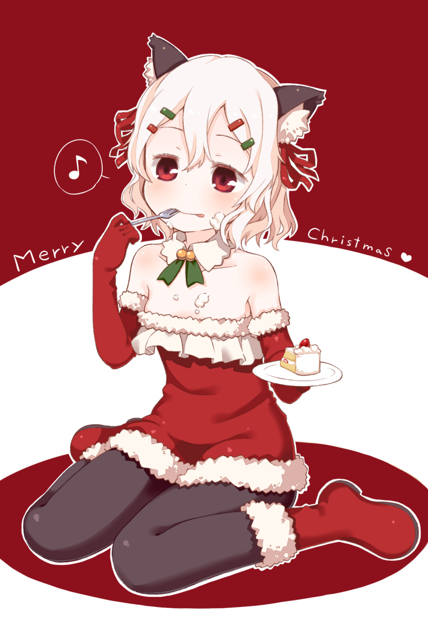 1girl :p animal_ears bare_shoulders cake cat_ears christmas detached_collar food food_on_body food_on_face fork gloves hair_ornament hairclip highres merry_christmas muku-coffee musical_note original pantyhose red red_boots red_eyes red_gloves santa_costume shiro_(muku) short_hair solo spoken_musical_note tongue white_hair