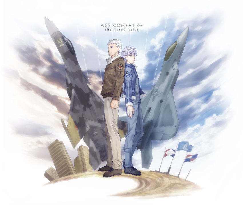 2boys a-chako ace_combat ace_combat_04 airplane back-to-back blue_eyes emblem f-22 fighter_jet flag isaf jacket jet mobius_1 multiple_boys pilot short_hair su-37 white_hair yellow_13 yellow_eyes